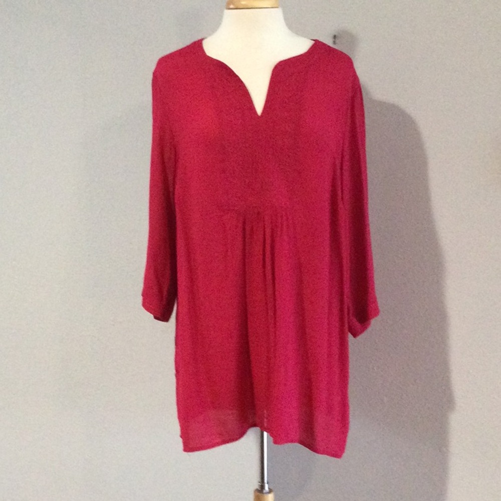 Maggie Barnes Embroidered Red V-neck 3/4 Split Sleeve Pullover Semi-Sheer Top 0X
